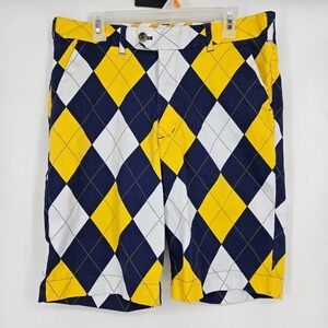 Loudmouth Golf Shorts Mens 36 Heritage Argyle Pattern Blue Gold Casual